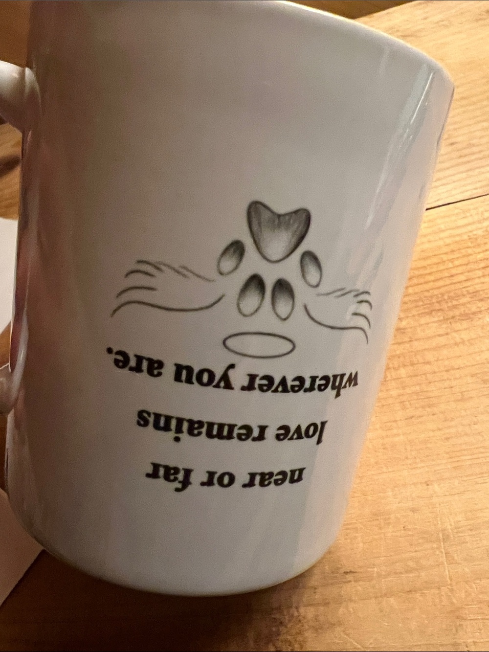 Paw in Hand with Heart Near or Far Love Remains Wherever You Are pet loss Mug - Picture 8 of 16